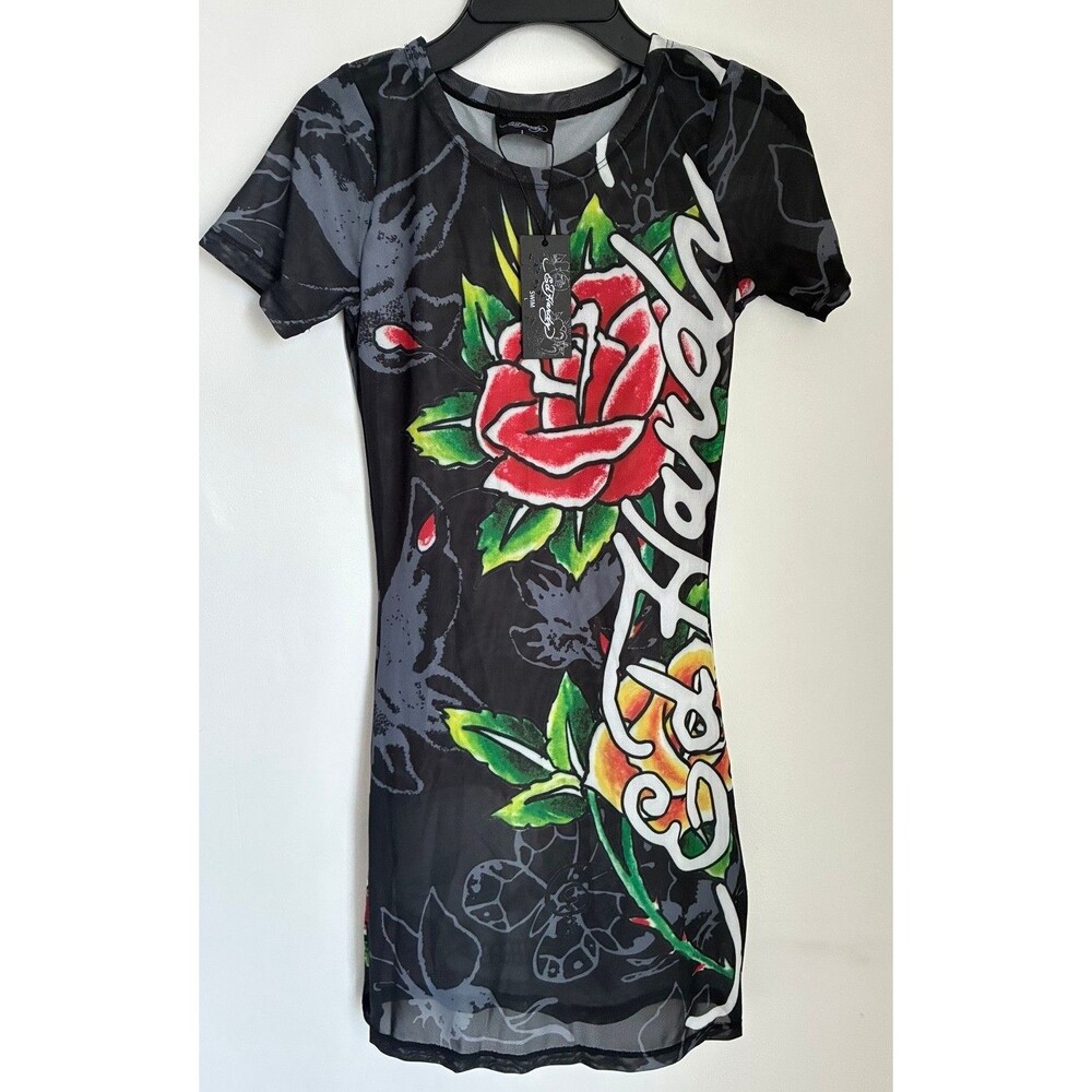 Ed Hardy Black Mesh Dress Cover Up Size Large Rose Skull Graphic NWT
